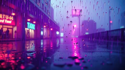 Obraz premium Vibrant city street in the rain.