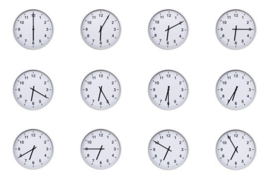 Set of wall clocks with silver frames and clean white faces, each displaying time at 5 minute intervals from 06:00 to 06:55 or 18:00 to 18:55. Ideal for visualizing concepts like time tracking, routin