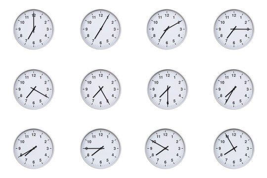 Set of wall clocks with silver frames and clean white faces, each displaying time at 5 minute intervals from 07:00 to 07:55 or 19:00 to 19:55. Ideal for visualizing concepts like time tracking, routin