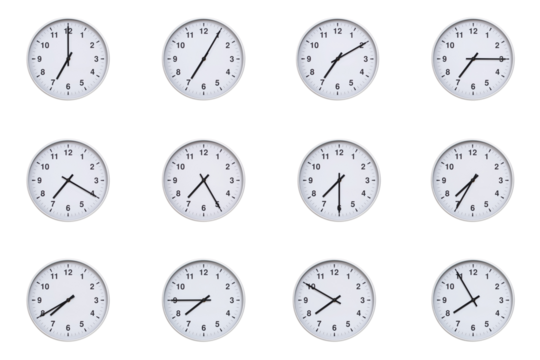 Set of wall clocks with silver frames and clean white faces, each displaying time at 5 minute intervals from 07:00 to 07:55 or 19:00 to 19:55. Ideal for visualizing concepts like time tracking, routin