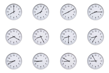 Set of wall clocks with silver frames and clean white faces, each displaying time at 5 minute intervals from 08:00 to 08:55 or 20:00 to 20:55. Ideal for visualizing concepts like time tracking, routin