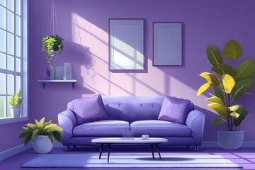 Cozy Modern Purple Sofa in Sunlit Minimalist Living Room with Indoor Plants and Vibrant Wall Art