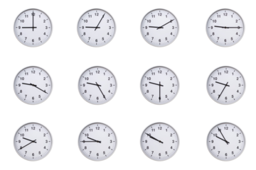Set of wall clocks with silver frames and clean white faces, each displaying time at 5 minute intervals from 09:00 to 09:55 or 21:00 to 21:55. Ideal for visualizing concepts like time tracking, routin