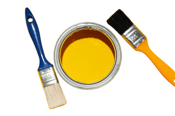 Yellow paint jar with blue and orange brushes, isolated on white, PNG