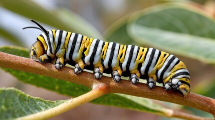 A beautiful striped caterpillar perched on a slender branch, showcasing its vibrant yellow and black patterns against a backdrop of rich green leaves, embodying nature's artistry.