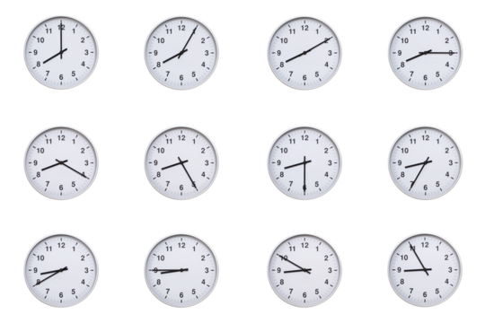 Set of wall clocks with silver frames and clean white faces, each displaying time at 5 minute intervals from 08:00 to 08:55 or 20:00 to 20:55. Ideal for visualizing concepts like time tracking, routin