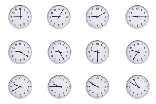 Set of wall clocks with silver frames and clean white faces, each displaying time at 5 minute intervals from 09:00 to 09:55 or 21:00 to 21:55. Ideal for visualizing concepts like time tracking, routin