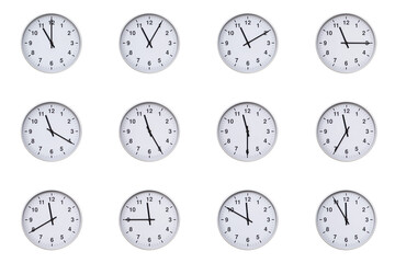 Set of wall clocks with silver frames and clean white faces, each displaying time at 5 minute intervals from 11:00 to 11:55 or 23:00 to 23:55. Ideal for visualizing concepts like time tracking, routin
