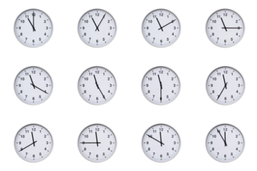 Set of wall clocks with silver frames and clean white faces, each displaying time at 5 minute intervals from 11:00 to 11:55 or 23:00 to 23:55. Ideal for visualizing concepts like time tracking, routin