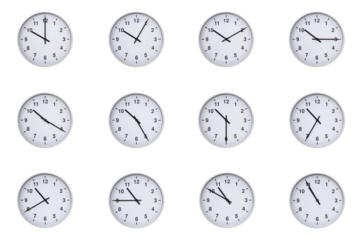 Set of wall clocks with silver frames and clean white faces, each displaying time at 5 minute intervals from 10:00 to 10:55 or 22:00 to 22:55. Ideal for visualizing concepts like time tracking, routin