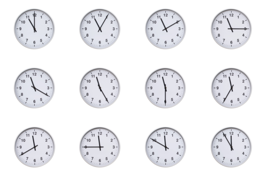 Set of wall clocks with silver frames and clean white faces, each displaying time at 5 minute intervals from 11:00 to 11:55 or 23:00 to 23:55. Ideal for visualizing concepts like time tracking, routin