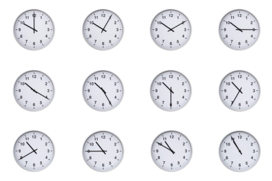 Set of wall clocks with silver frames and clean white faces, each displaying time at 5 minute intervals from 10:00 to 10:55 or 22:00 to 22:55. Ideal for visualizing concepts like time tracking, routin