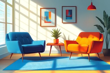 Modern Interior Design with Blue and Orange Furniture in a Cozy Living Room - Contemporary Decor and Abstract Art Details