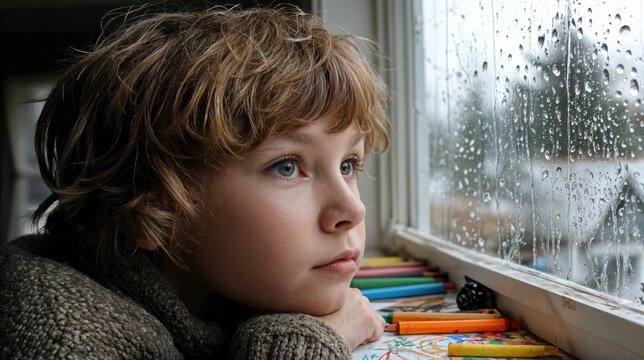 A young child gazes thoughtfully through a window, captivated by the rhythmic fall of raindrops. Crayons rest nearby, hinting at untapped creativity amidst the gloomy day.