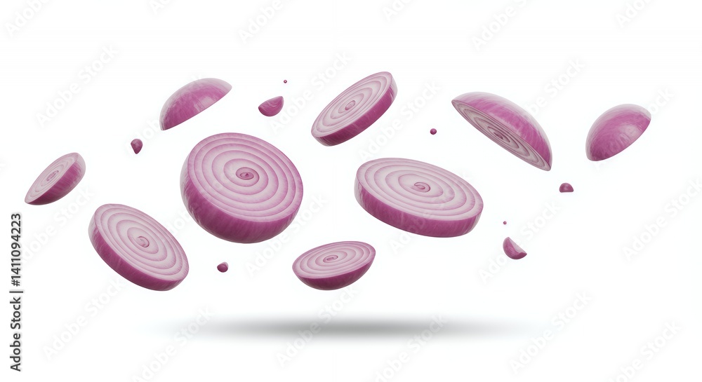 Poster levitating red onion slices: isometric 3d render on white background