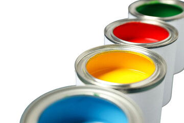 Colorful paint cans in yellow, blue, red, and green, isolated on white, PNG