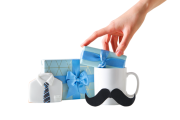 Father's Day, Hand placing cookies in mug, isolated on white, PNG