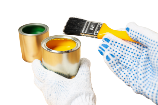 Hands in gloves hold paint cans and brush, isolated on white, PNG - Powered by Adobe