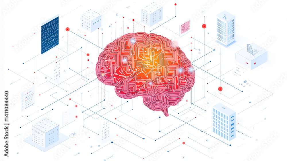 Aufkleber digital brain: an artistic illustration, showcasing a glowing digital brain at the center, interconn
