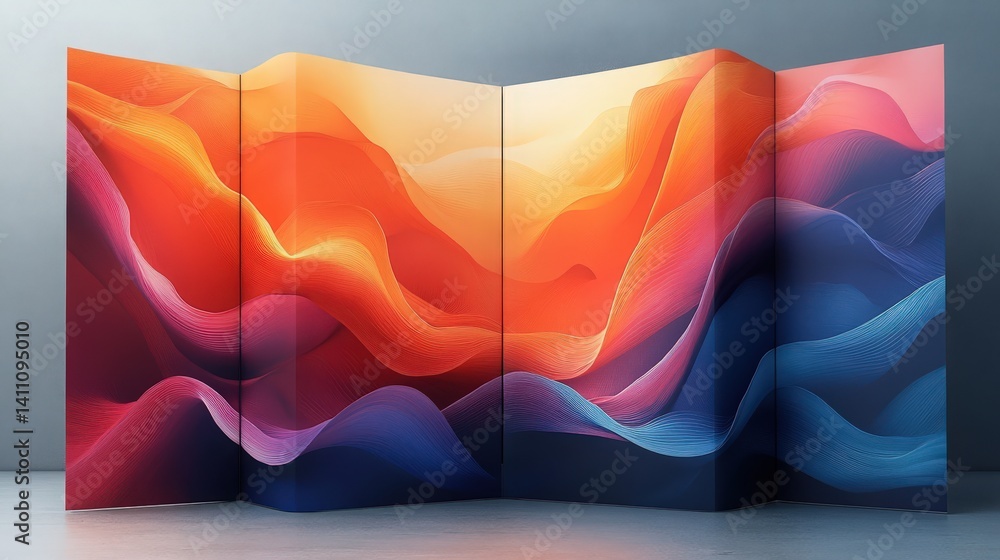 Poster abstract artistic folding screen with dynamic curves and vibrant color gradients