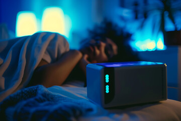 Close-up of a digital alarm clock on a nightstand, with a woman in bed in the blurred background, 