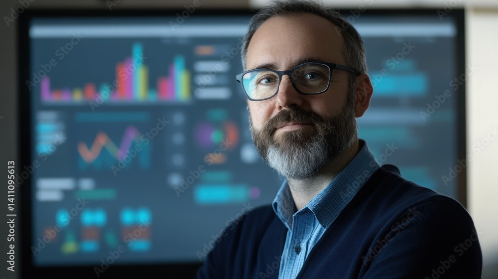 Poster professional man analyzing data on a digital screen