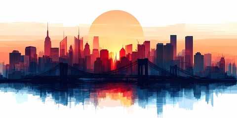 Obraz premium Colorful Sunset Reflection on Urban Cityscape Skyline: Vibrant Metropolis Landscape and Serene Water Horizon