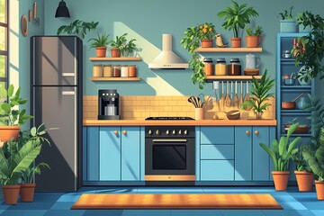 Modern Kitchen Interior Design with Natural Light, Plants, and Vibrant Colors - Cozy Home Decor Ideas for Urban Living