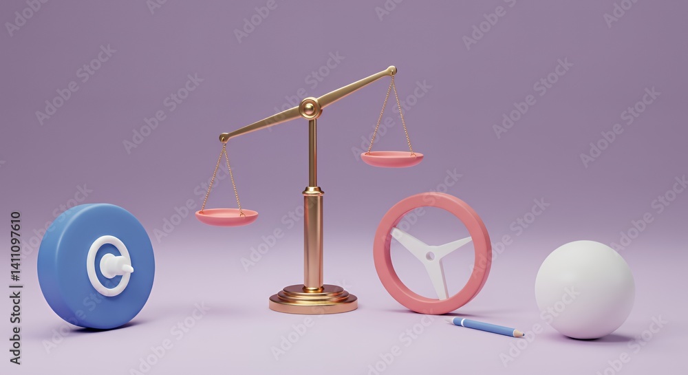 Poster pastel-colored scales and objects in isometric 3d rendering