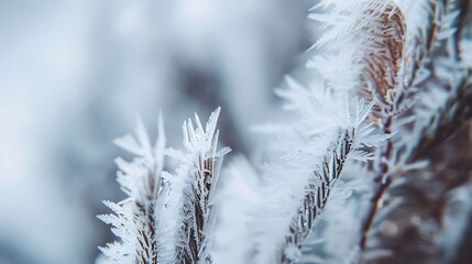Frozen beauty: Intricate frost crystals on delicate branches in winter