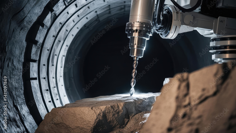 Poster robotic drill is engaged in mineral production within tunnel, showcasing advanced technology and pre