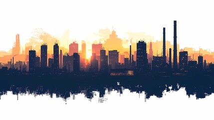 Fototapeta premium Urban Skyline Cityscape Silhouette at Sunset. Modern Metropolis with Industrial Architecture and Colorful Sky