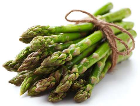 A bunch of fresh asparagus tied with twine on a white surface close up