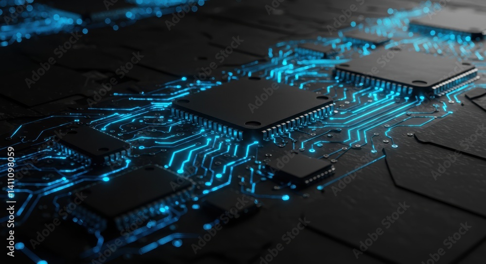 Poster modern technology microchip circuit board with glowing blue light effects