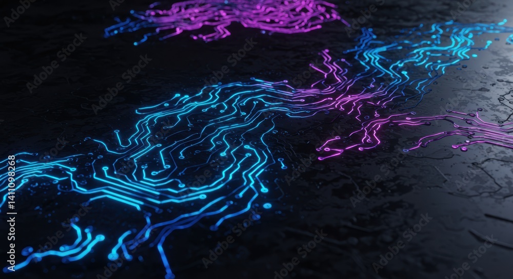 Poster glowing circuit board pattern on dark surface with vibrant blue and pink