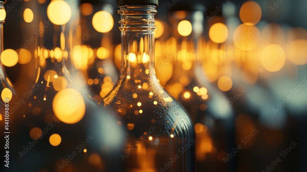 Poster bottles with glowing lights in a soft-focus setting