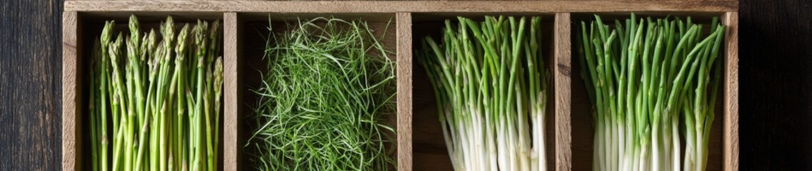 Obraz premium Fresh Asparagus and Spring Onions in Wooden Crate