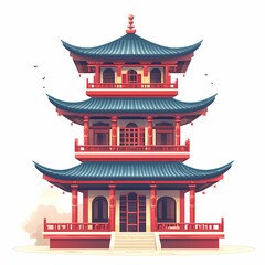Traditional Asian Pagoda Architecture. Landmark Temple with Ornate Red Roof and Elegant Ornamentation