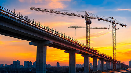Obraz premium Construction Of Elevated Railroad At Sunset Over City