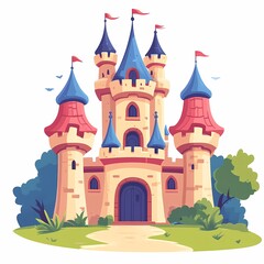 Enchanting Fairy Tale Castle Illustration. Vibrant Fantasy Fortress with Whimsical Towers, Colorful Flags, and Lush Greenery