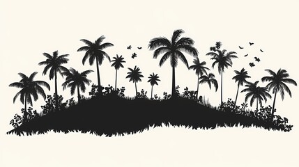 Tropical Paradise. Black and White Palm Trees Silhouette on Vibrant Island Shore - Tranquil Nature Landscape for Eco-Friendly Summer Vacation