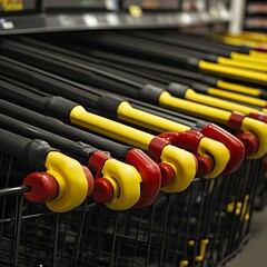 Closeup Supermarket Shopping Carts Red Yellow Handles