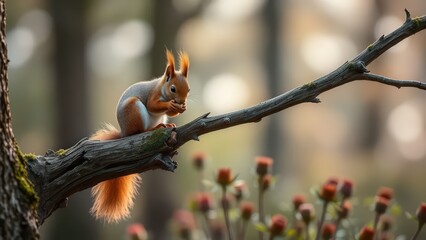 Fototapeta premium A red squirrel perched on a weathered tree branch eating a nut