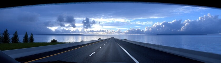 Fototapeta premium A serene view of a road stretching towards the horizon, flanked by water and trees under a dramatic sky filled with clouds.