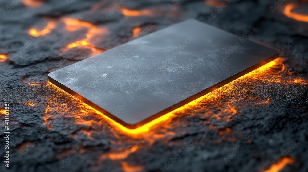Poster illuminated rectangular slate contrasts against textured volcanic backdrop with glowing edges