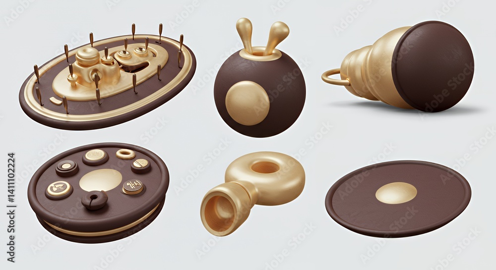 Poster seven abstract 3d rendered objects in gold and brown