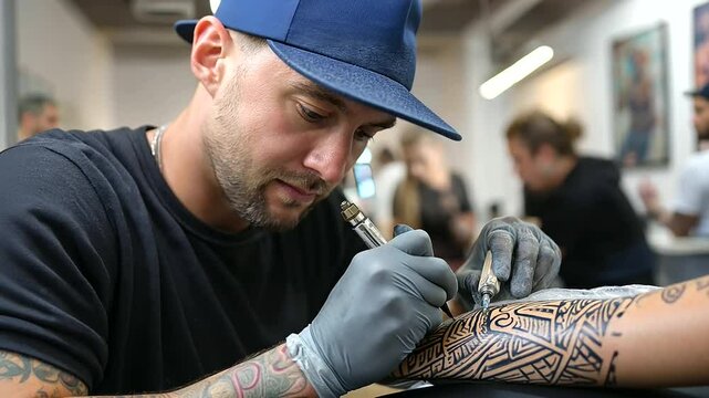 Polynesian Tattoo Artist Creating Luminous Ink Circuit Designs