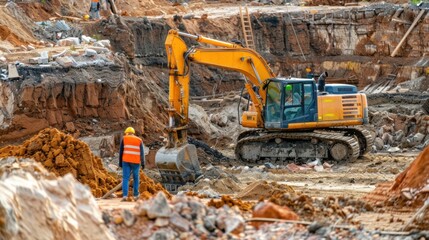 Fototapeta premium Workers using a backhoe to excavate a construction site.