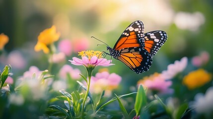 Naklejka premium butterfly landing on a blooming flower