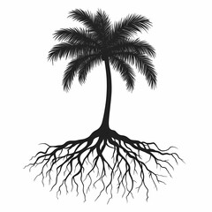 Title. Black and White Silhouette of Palm Tree with Deep Roots. Eco-Friendly Botanical Art and Nature Illustration